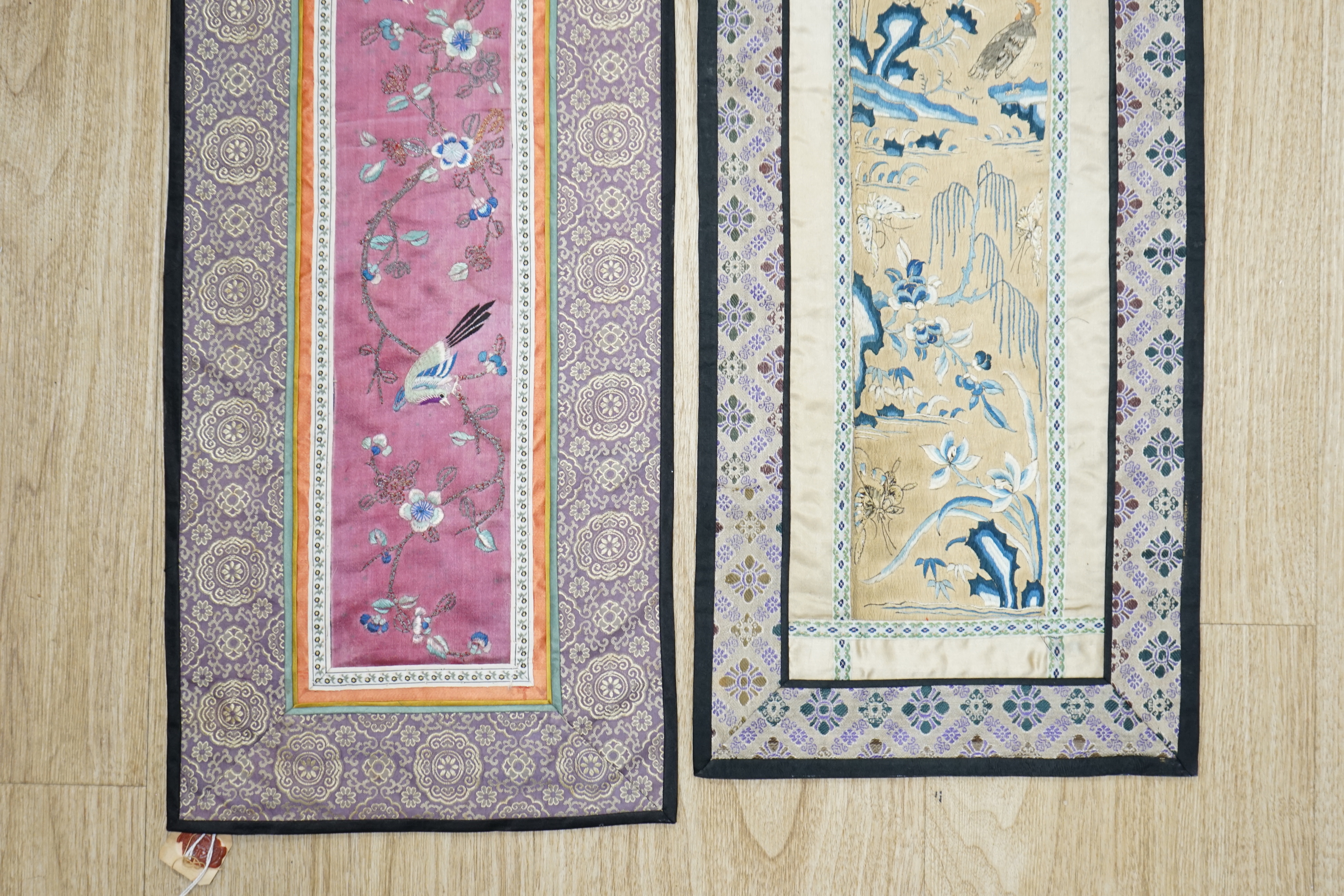 Two Chinese embroidered silk panels, largest 69x23cm